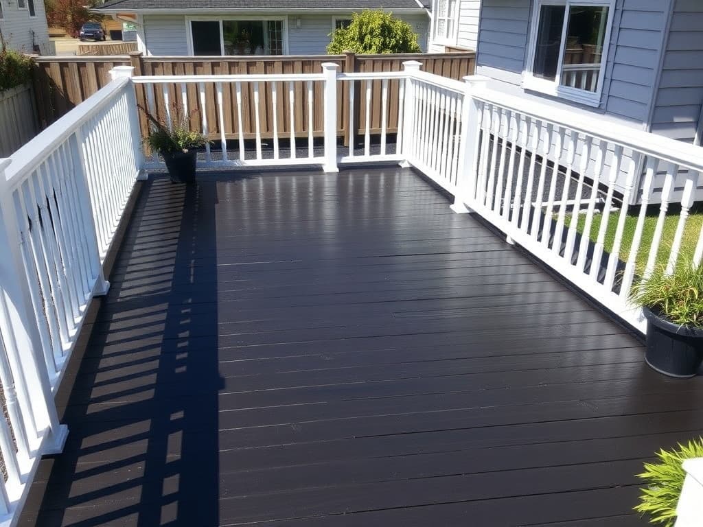 Backyard deck refinished with rich dark charcoal stain after