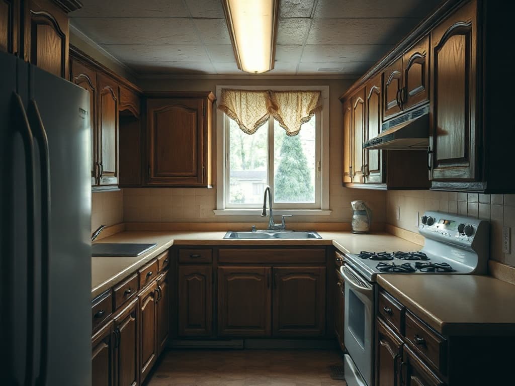 Kitchen with dated oak cabinets before repaint