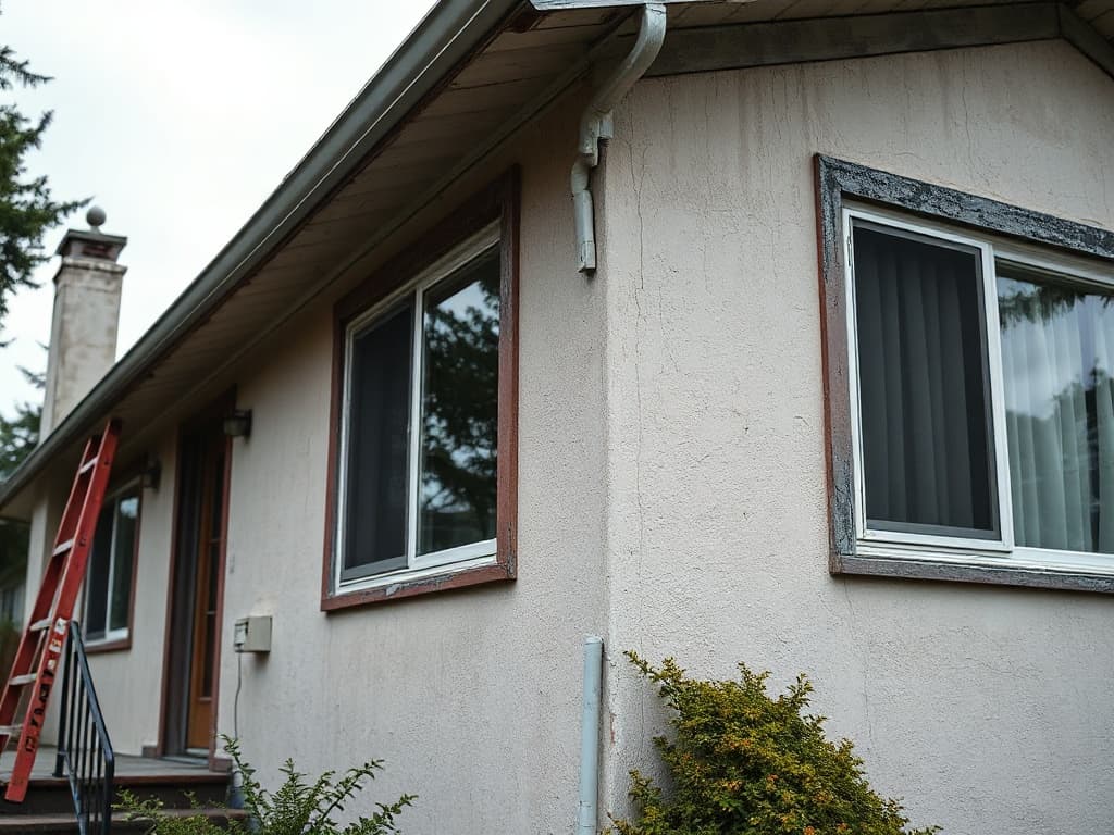 Stucco house exterior with cracked and faded finish before