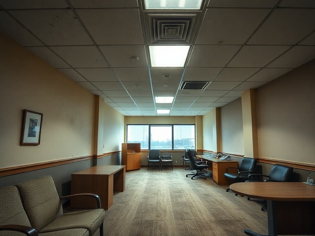 Office interior with scuffed beige walls before repaint