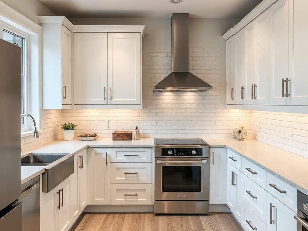Kitchen with freshly painted white shaker cabinets after