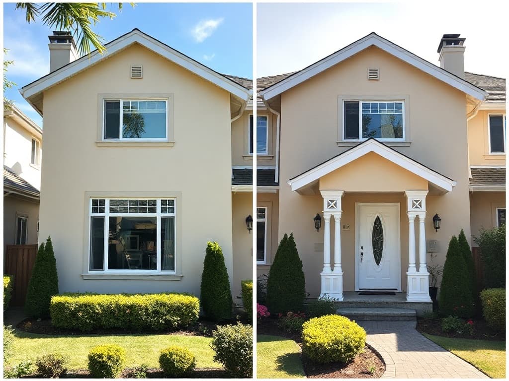 Stucco house exterior with fresh cream paint after