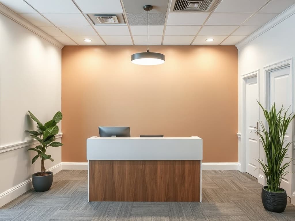 Office interior with fresh greige accent wall after
